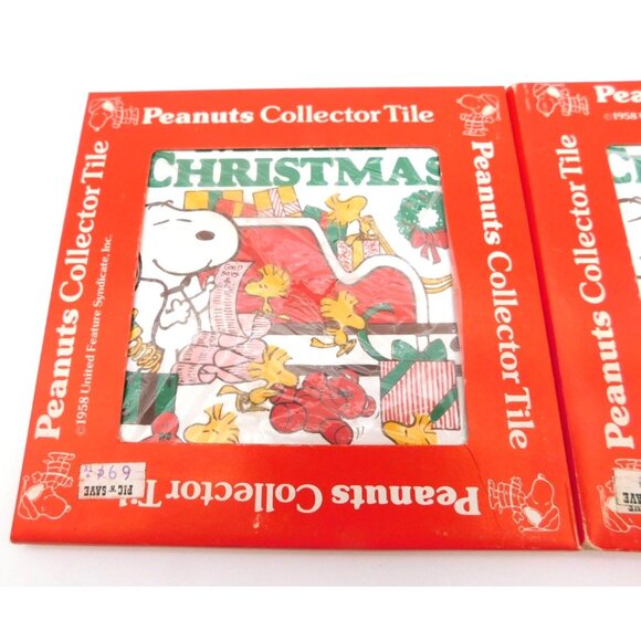 Set of 2 Vintage Japan Christmas Peanuts Collector Tiles Snoopy Woodstock Sleigh - Picture 2 of 6
